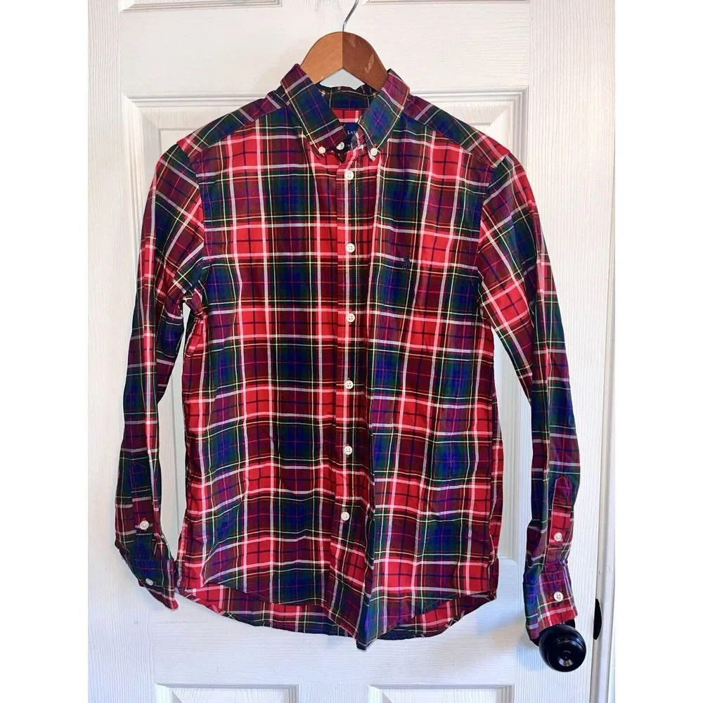 Ralph Lauren Red Green Purple Christmas Plaid Long Sleeve‎ Shirt Boys L 14-16